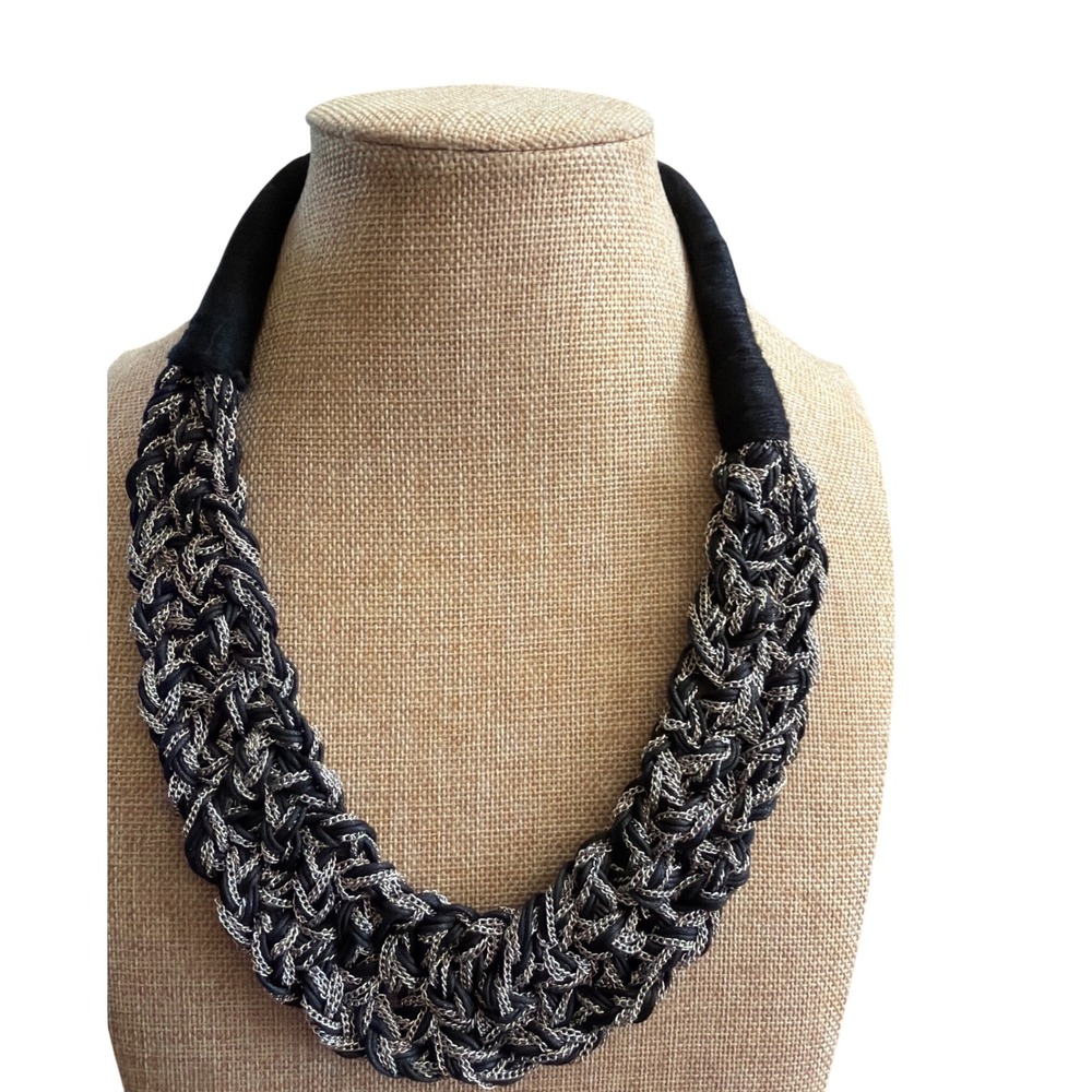 Black Braided Faux Leather Silver ToneChain Statement Bib Necklace Adjustable
